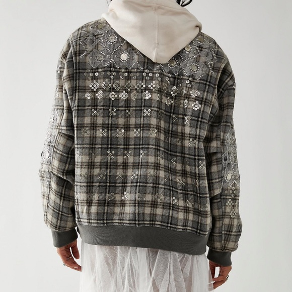 NWOT FP Free People Louie Grey Plaid Embellished Bomber Jacket - Picture 5 of 10